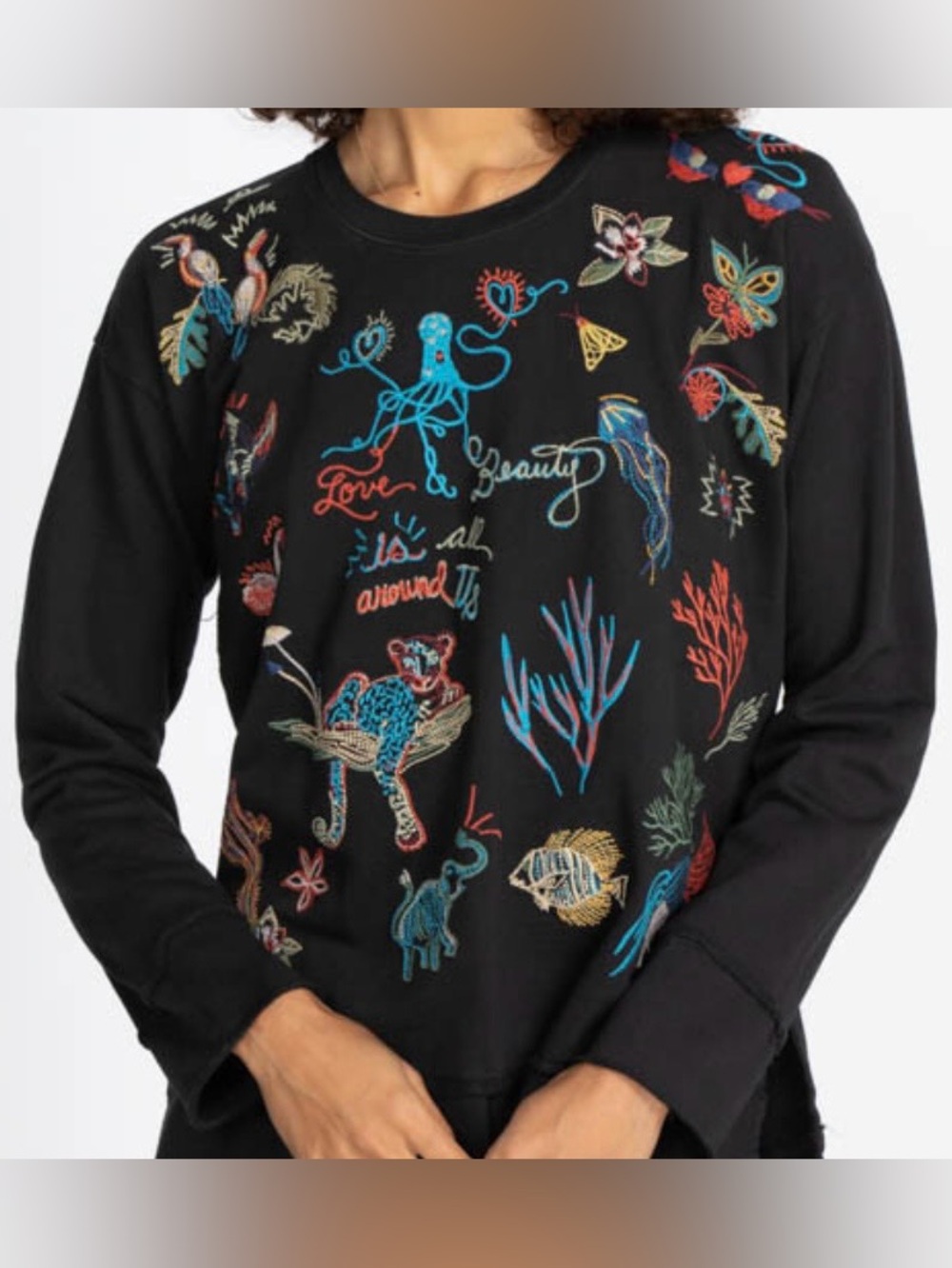 Johnny Was Zoe Sweatshirt with Multicolor Embroidery NEW